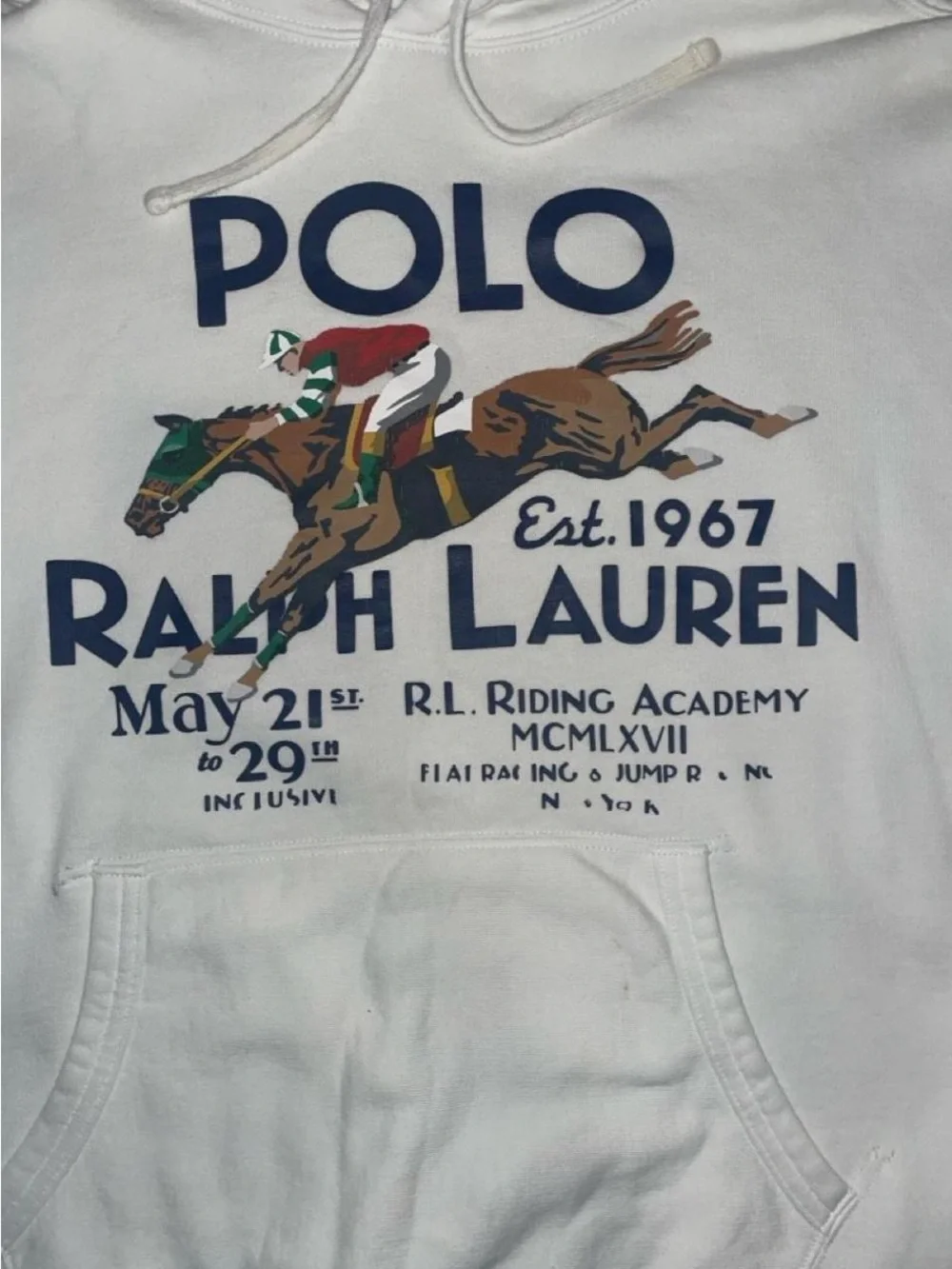 Polo Ralph Lauren White Equestrian Riding Academy Print Fleece Pullover Hoodie L